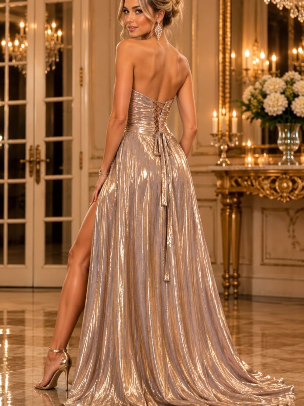 Metallic Champagne Gold Strapless Corset Formal Gown High Slit Size 14 - Picture 2 of 10